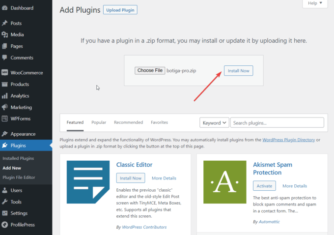 Zone d'administration WordPress, page d'installation du plugin