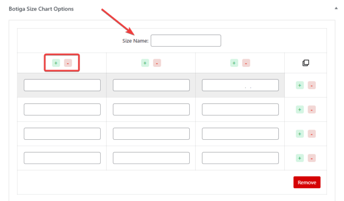 Options du tableau des tailles Botiga sous l'éditeur de publication WordPress