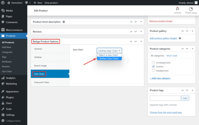 Option de liste déroulante du tableau des tailles sur une seule page de produit